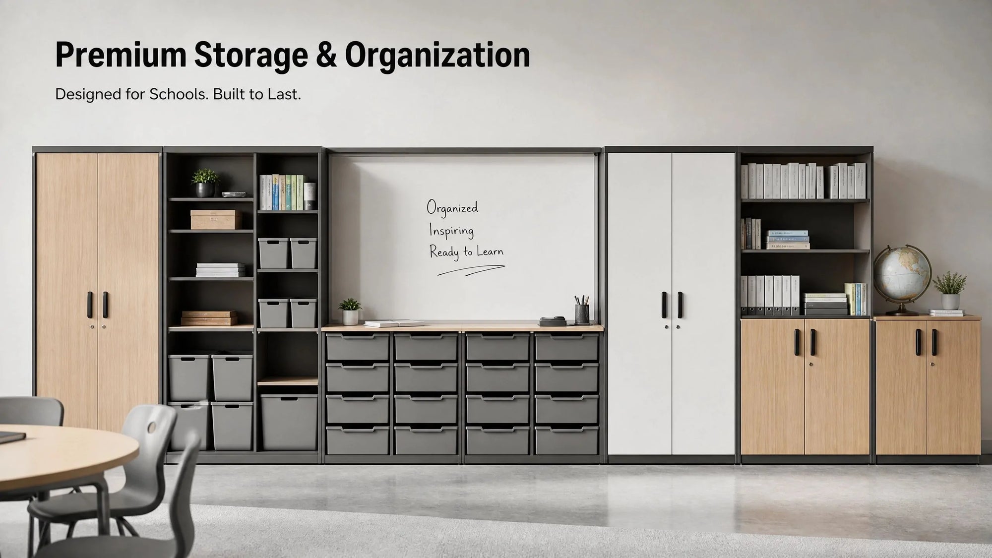 School storage cabinets and organization furniture with shelving, drawers, teacher storage and classroom display units
