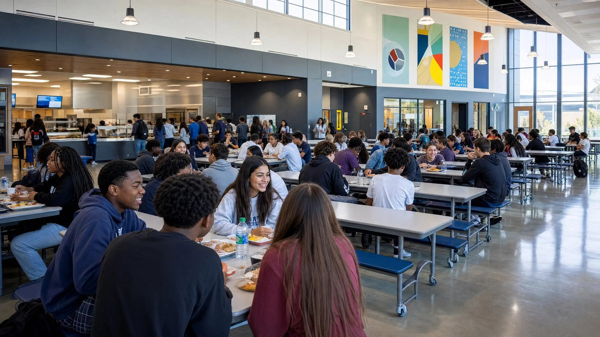 Hero banner, busy school canteen cafeteria scene with students dining, heavy‑duty foldable canteen dining tables for high‑traffic institutional school dining areas