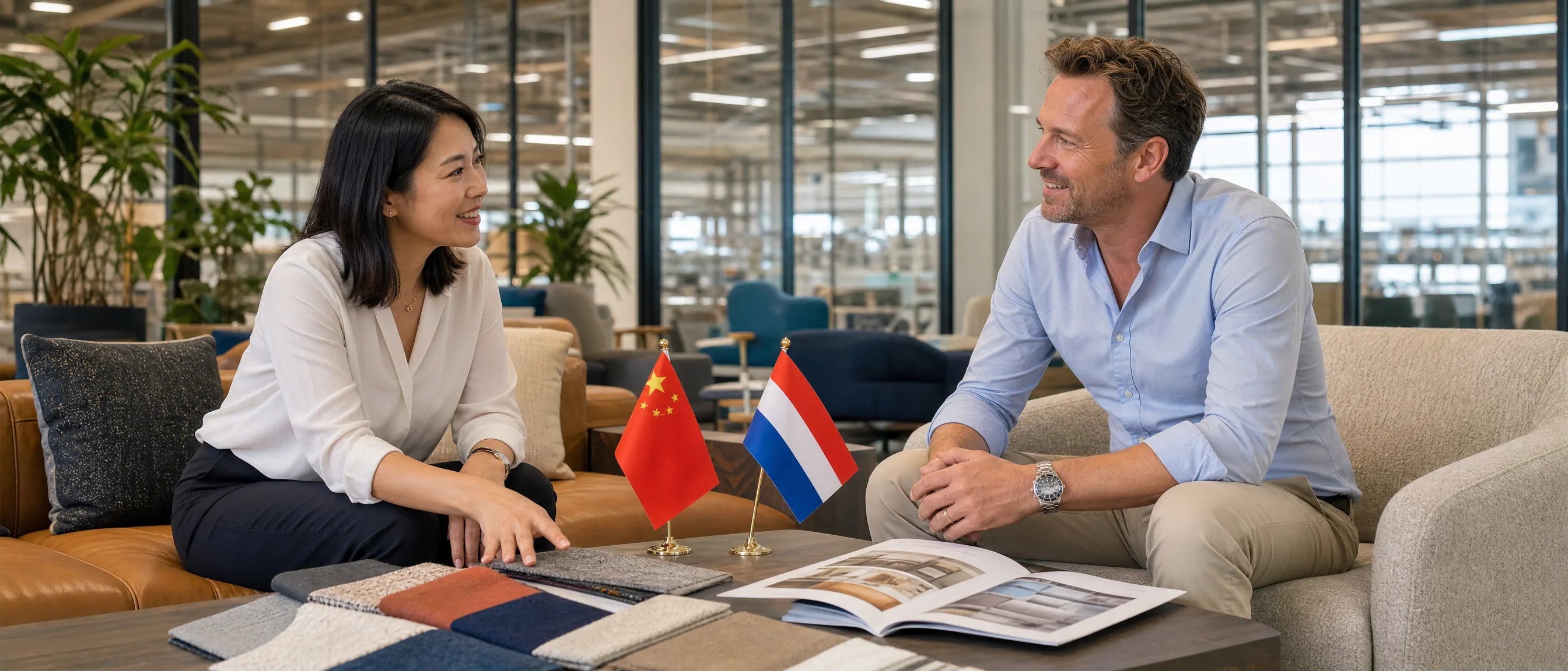 Schoolmeubilair inkoop van China naar Nederland with buyer meeting, furniture samples and product catalogue
