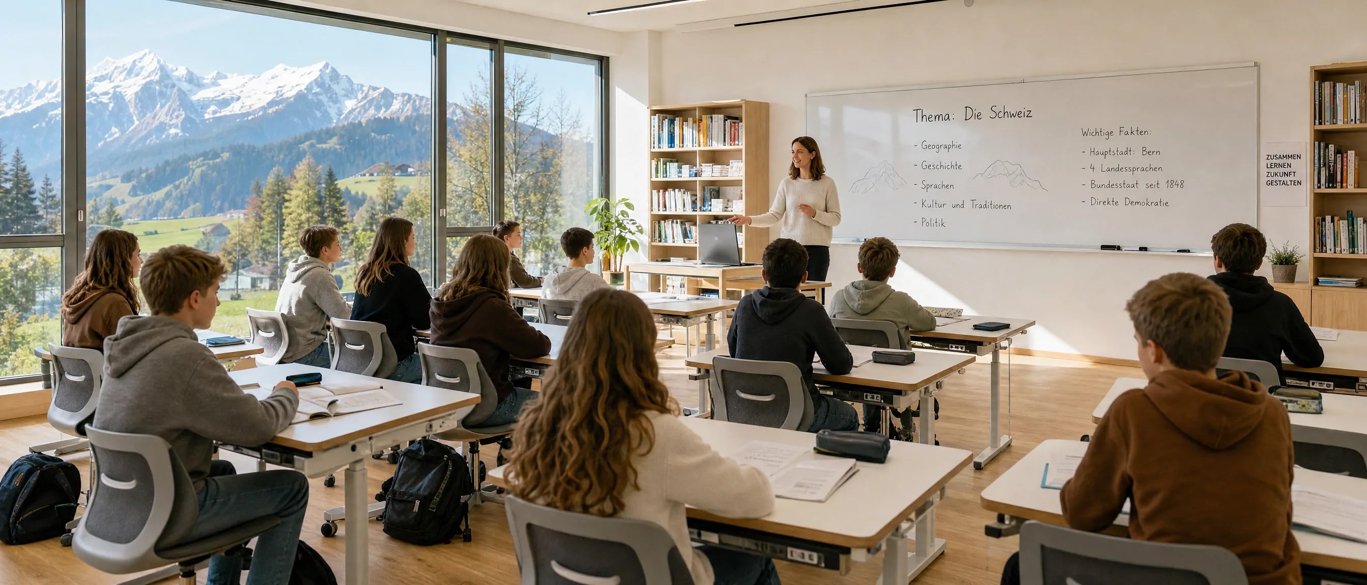 Schulmöbel für Klassenzimmer in der Schweiz with students learning in a bright classroom with alpine views