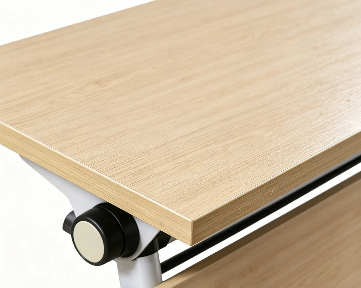 Premium wood grain tabletop of mobile training desk, scratch resistant surface