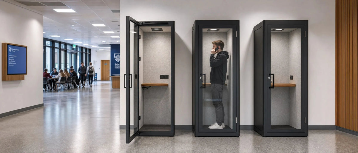 Single seat focus privacy acoustic phone pods, ventilated soundproof booth installed in school corridor for private calls