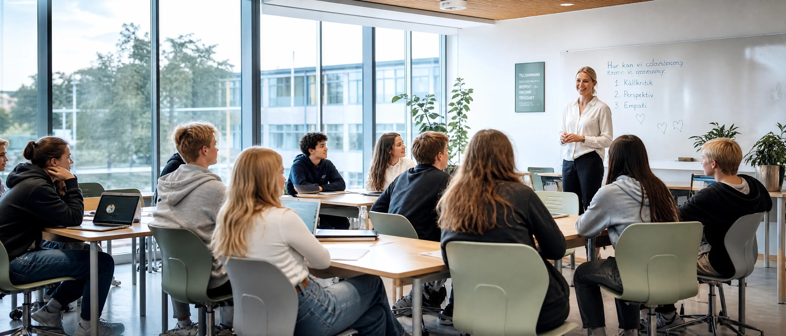 Skolmöbler för svenska klassrum with students learning in a bright modern classroom in Sweden