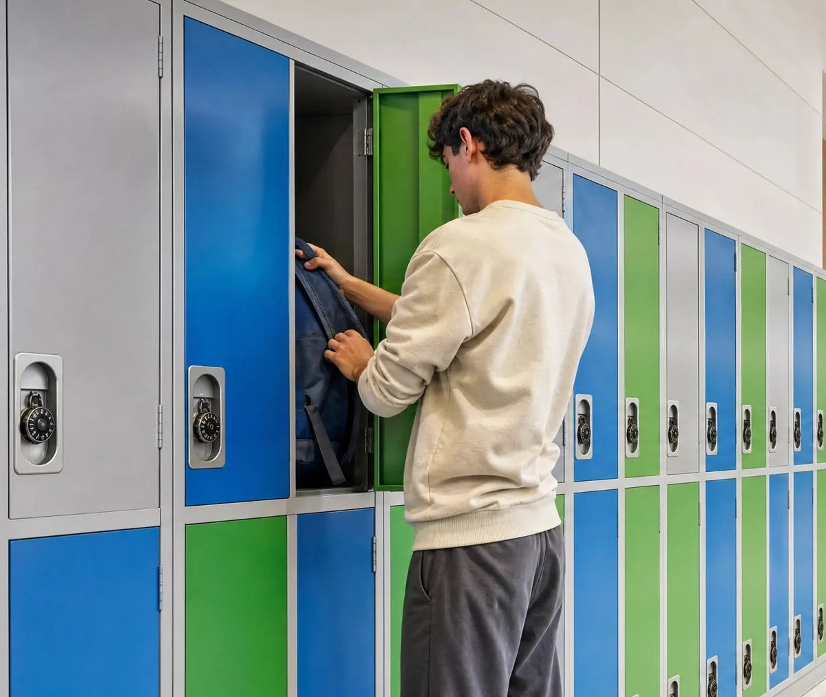 Colourful metal student lockers for school hallway storage, durable steel student storage cabinets