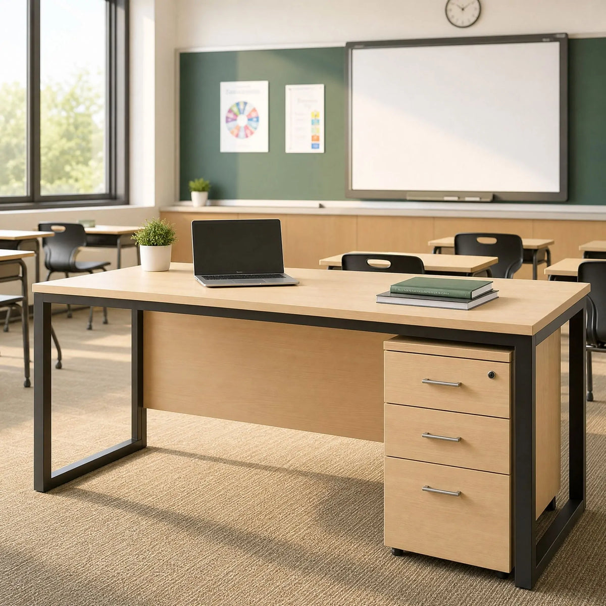 Teacher desk with drawer cabinet, modern teacher workstation for classroom office
