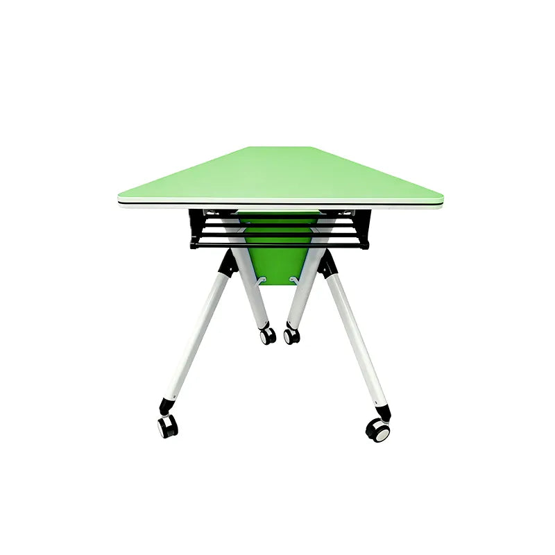 Rear view of trapezoid classroom table with foldable tabletop