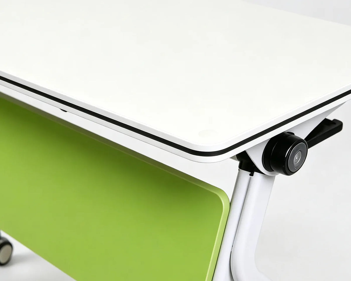 Under-table privacy panel on mobile flip top training desk, hide cables and clutter
