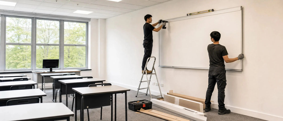 Professional technicians installing large wall‑mount whiteboard in new school classroom, education fit‑out and installation service for university teaching space