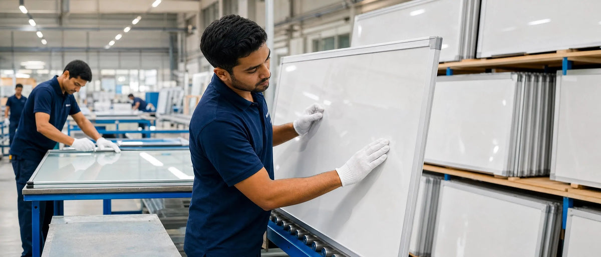 Factory workers assembling premium dry‑erase whiteboards in production workshop, manufacturing of school and university classroom whiteboard equipment