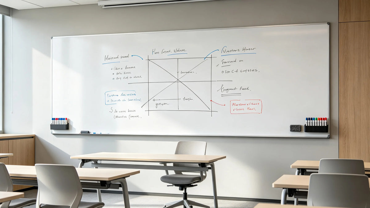 Modern whiteboard in bright meeting classroom, office education furniture scene