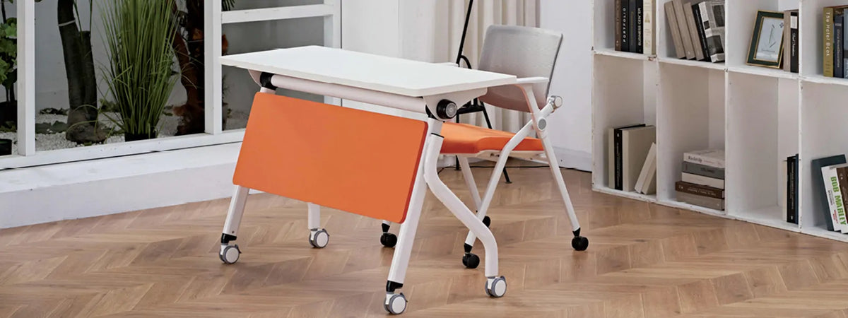 Wood grain flip top training tables arranged in classroom and meeting room